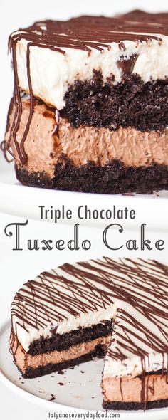 triple chocolate tuxedo cake on a plate with one slice cut out and the other half eaten