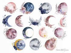 the moon phases are painted with watercolors and then have flowers on each side