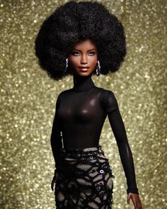 a barbie doll with an afro and black hair wearing a dress in front of a gold glitter background