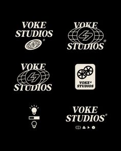 various logos and stickers are shown on a black background, including the logo for voke studios