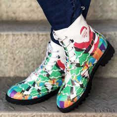 Lasaky - Elegant Christmas Themed Martin Boots with Premium Quality Multicolor Ankle-high Winter Boots, Green Flat Heel Winter Boots, Casual Multicolor Winter Boots, Casual Round Toe Boots, Christmas Party Boots With Round Toe, Martin Shoes, Rough Heels, Winter Heels, Equestrian Boots