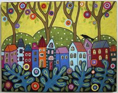 a painting of houses and trees with birds in the sky, surrounded by colorful circles