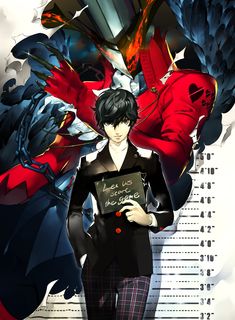 an anime character holding a book in front of some red and black birds on the wall