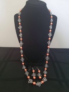 "All Stainless Steel with Orange Pearl like Beads Necklace measures 31\" Earrings measure 2 1/4\" drop" Chainmaille Necklace, Franklin Nc, Real Diamond Necklace, Chainmail Jewelry, Silver Diamond Necklace, Chain Maille, Amber Necklace, Cabochon Pendant, Necklace Minimalist