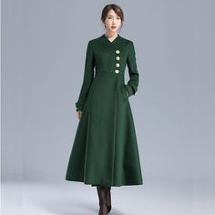 Elegant Green Stand Collar Outerwear, Elegant Green Outerwear With Stand Collar, Green Wool Coat For Winter, Green Long Wool Coat For Winter, Green Long Wool Winter Coat, Green Single-breasted Wool Coat For Winter, Elegant Green Long Wool Coat, Elegant Green Wool Coat For Winter, Elegant Green Wool Coat For Fall