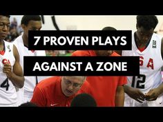 a group of men standing next to each other in front of a basketball court with the words 7 proven plays against a zone