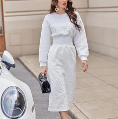 Equal To A Us (8/10) Measurements: Bust: 44.9" Cuff: 9.6" Hip: 42.5" Length: 51.5" Shoulder: 24" Sleeve Length: 20.6" Waist: 31.5" Beautiful, Well Made Materials! People Who Own It Says It's True To Size, And A Beautiful Staple Piece To Own! Has Some Stretch. 98% Polyester 2% Elastane I Would Recommend Washing Carefully! Brand New, Prices Firm! I Have All My Prices Set Low, So You Get The Best Value. Bundle A Few Items Then I Can Give A Discounted Shipping Offer! The Few Dollars Profit Goes To L White Knee-length Winter Dresses, Fitted Long Sleeve Dress In Winter White, Fitted Winter White Long Sleeve Dress, Winter White Long Sleeve Fitted Dress, White Long Sleeve Midi Dress For Winter, Long Sleeve Winter White Dresses For Spring, White Midi Dress For Winter, Winter White Long Sleeve Dresses For Spring, White Knee-length Dress For Fall