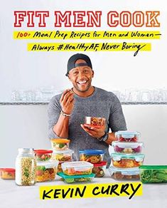 a man standing in front of a table full of food and holding a bowl with the words fit men cook on it