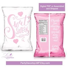 two bags of sweet sixteen are shown next to each other, with the words sweet sixteen printed on them