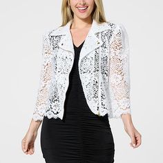 Shop Curations x Amy Morrison Lace Moto Jacket 22249901, read customer reviews and more at HSN.com. Cropped Moto Jacket, Pleated Sleeves, Woven Jacket, Lace Cardigan, Moto Style, Cardigan Women, Draped Fabric, Lace Fashion, Lace Design