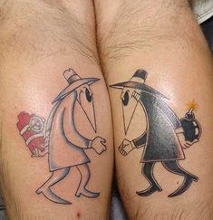 two men with tattoos on their legs holding hands and one is wearing a top hat