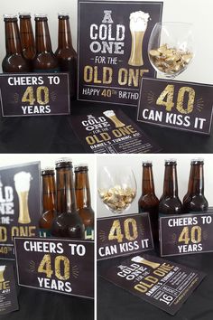 there are four pictures of beer bottles with cheers to 40 years on them