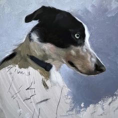 a painting of a black and white dog