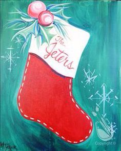 a painting of a christmas stocking with the word tis written on it