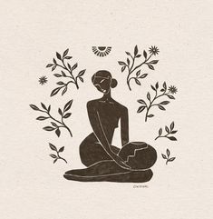 a drawing of a woman sitting in the middle of a meditation pose with flowers around her