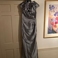 Beautifully Custom Made, I’m 5ft 3& 1/2 In, 128lbs, Gun Metal Gray Fitted Sleeveless Gray Evening Dress, Gray Fitted Sleeveless Evening Dress, Fitted Gray Evening Dress For Formal Occasions, Gray Fitted Evening Dress For Formal Occasions, Fitted Short Sleeve Evening Dress For Dinner, Elegant Gray Ruched Dress, Fitted Gray Evening Dress, Fitted Gray Ruched Dress, Mother Of The Bride Dress