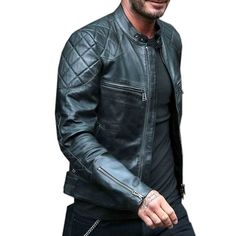 These are TOP QUALITY full Biker Jackets. Hand made by us from Grade A LeatherSuperb quality leather Biker Jacket. This is a TOP QUALITY hand made leather jacket. FEATURESGenuine LeatherFront ZipZipped CuffsCool Polyester Lining for all year useAll seams double stitched for durability2 Waist Pockets, 2 Breast Pockets plus 1 Internal PocketAvailable in a range of chest sizes SIZING: Please measure yourself carefully with a measuring tape to avoid any disappointment. These items are NOT pre-made & will be Hand Crafted upon receipt of your order. Masculine Leather Outerwear With Pockets, Luxury Sleek Double-breasted Leather Jacket, Black Double-breasted Leather Jacket, Mens Leather Shirt, Fitted Single-breasted Leather Biker Jacket, Mens Leather Coats, Mens Waistcoat, Hand Made Leather, Luxury Leather-lined Men's Biker Jacket