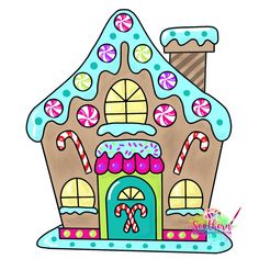 a drawing of a gingerbread house with candy canes