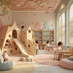 children's playroom with wooden furniture and walls painted in pastel pinks