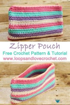 a crocheted purse is shown with the text, zipper pouch free crochet pattern