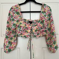 Brand: Fiestar (Boutique) Size: Small Color: White With Pink, Yellow, Green Condition: Brand New (Purchased From An Online Boutique That Doesn’t Use Tags) Material: Polyester Long Sleeve Crop, Pink Yellow, Online Boutique, Pink And Green, Pink Ladies, Color White, Lace Up, Womens Tops, Crop Tops