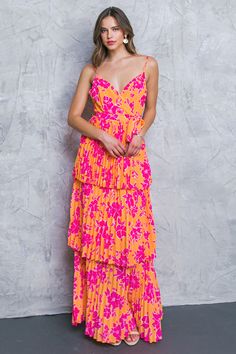 TRENDY STATUS WOVEN MAXI DRESS l FLYING TOMATO | Flying Tomato Layered Pleated Skirt, Kimono Sweater, Neon Wedding, Surplice Neckline, Dress Orange, Fit Details, Sash Belt, Vintage Inspired Design, Trendy Dresses