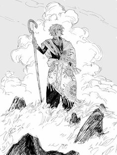 a black and white drawing of a man standing on top of a mountain holding a staff