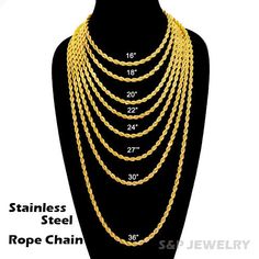 Celebrity Style Fashion Gold PT STAINLESS STEEL 4mm 16"~36" Rope Chain Necklace US SELLER Stainless steel jewelry has exploded in popularity because of it's strength and high durability, as well as it's resistance to corrosion and tarnishing/turning black. Our stainless steel jewelry is plated with ion plating technology, the most modern of plating technology, helping the jewelry to last for years under normal conditions. Product Description Stainless Steel Rope Chain Celebrity Style Deep gold p Gold Chain Jewelry For Men, Rolex Diamond, Miami Cuban Link Chain, Cuban Link Chain Necklaces, Miami Cuban Link, Rope Chain Necklace, Gold Chains For Men, Miami Cuban, Jewellery Necklace