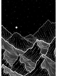 a black and white drawing of mountains at night