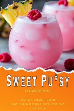 two glasses filled with pink liquid and topped with raspberries, pineapples