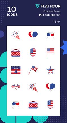 an american flag sticker sheet with the text, 10 patriotic icons in red, white and