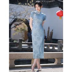 Sky Blue Cheongsam Dress - S - Female Hanfu Blue Cheongsam, Kawaii Swimsuit, Dark Academia Clothing, Anime Lingerie, Cottagecore Fashion, Kawaii Dress, Cheongsam Dress, Maid Dress, Summer Dress Outfits