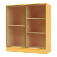 a yellow cabinet with two shelves on the front and one door open to reveal an empty shelf