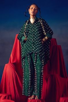 Green kaftan with bead and coin tassel embellishment, bandhani patterns and asymmetric silhouette. - Aza Fashions Bandhani Shirt, Bandhani Pattern, Green Kaftan, Shirt Collar Pattern, Kaftan For Women, Pant For Women, Luxury Sale, Satin Color, Collar Pattern