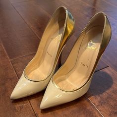 Size 38 Tri Color (White/Cream X Gold Trim X Tan Heels) Can Send With Box And Dustbag If Purchased In My Asking Price(Not After Negotiation) Protector Added On Botttom (That Itself Costs $99) Designer Beige Heels With Contrasting Heel Counter, Luxury Beige Heels With Contrasting Heel Counter, Luxury Champagne Heels, Luxury Champagne Heels With Round Toe, Elegant Leather Heels With Gold-tone Hardware, Luxury Cream Heels With 4-inch Heel, Tan Red Bottom Heels, Luxury 4-inch Cream Heels, Christian Louboutin Boots Tan