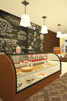 an animated rendering of a bakery with pastries on display