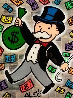 a painting of a man with money bags in his hand and letters all around him