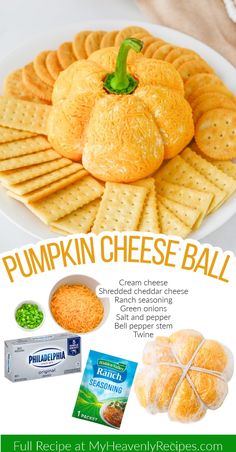 an advertisement for pumpkin cheese ball on a plate with crackers and green peas in the background