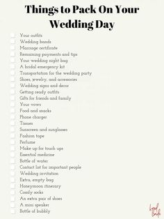 wedding checklist with the words things to pack on your wedding day written in red