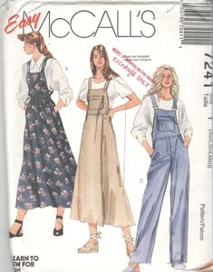 McCall's 7241; Misses' Jumper and Overalls: Loose fitting jumper view A and B or overalls view C with lined bodices have suspenders fastened in front with buttons or overalls buckles; jumpers have side seam pockets; overalls have front yoke and pockets. Copyright 1994 Easy    Size: XS (4 -6); SM (8-10); M (12-14) Bust: 30 1/2 - 32 1/2 - 36 Waist: 23 - 25 - 28  Hip: 32 1/2 - 34 1/2 - 38  This pattern is uncut and factory folded.    OR Size:  Large (16-18); Extra Large (20-22) Bust: 40 - 44 Waist: Overalls Vintage, Design Moda, Stil Boho, Vintage Dress Patterns, Mccalls Sewing Patterns, Couture Vintage, Fashion Design Sketches, Sewing Pattern Sizes, Moda Vintage