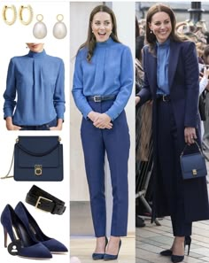 Kate Middleton Blue Blazer, How To Dress Like Royalty, How To Style Royal Blue Pants, Royal Blue Blouse Outfit, Old Money Work Outfits, Kate Middleton Blue, True Winter Outfits, Blue Blazer Outfits For Women, Silk Blouse Outfit