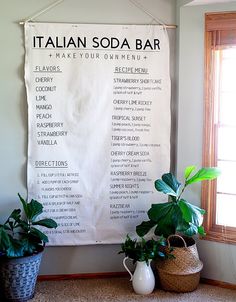 two potted plants sit next to a sign that says italian soda bar