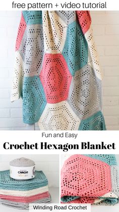 the crochet hexagon blanket is shown with instructions to make it