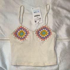 Nwt Never Worn Zara Crotchet Tank Top - Sold Out From Zara Casual Summer Crochet Top With Floral Print, Casual Crochet Top With Floral Print For Summer, Spring Cotton Knitted Crop Top, Spring Knitted Cotton Crop Top, Zara Fitted Crochet Tops, Zara Crochet Top For Beach, Zara Tops With Crochet Trim For Spring, Fitted Zara Crochet Top, Fitted Crochet Top By Zara