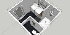 an overhead view of a small bathroom with toilet, sink and shower stall in the corner