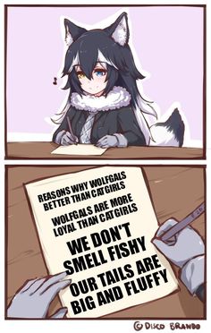 an anime comic strip with the caption that reads, we don't smelly our tails are big and fluffy