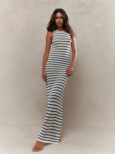 Crochet Knit Stripes Sleeveless Maxi Dress Black and White Casual  Sleeveless Knitted Fabric Striped  Slight Stretch  Women Clothing, size features are:Bust: ,Length: ,Sleeve Length: Striped Casual Dresses, Long Knitted Dress, How To Hem Pants, Sweater Sleeves, Sleeveless Maxi Dress, Polo Dress, White Casual, Black Maxi Dress, Striped Dress