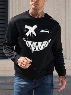 This men's sweatshirt is perfect for those who want to stay comfortable and stylish. With long sleeves and a fun emoji print, it offers both warmth and personality. Made with high-quality materials, you can count on its durability and comfort. Stay on-trend and cozy with this sweatshirt. Color : Black Style : Casual Type : Pullovers Pattern Type : Cartoon Neckline : Round Neck Sleeve Length : Long Sleeve Sleeve Type : Regular Sleeve, Drop Shoulder Length : Regular Fit Type : Regular Fit Fabric : Trendy Long Sleeve Hoodie With Character Print, Cartoon Print Long Sleeve Sweatshirt For Streetwear, Winter Cartoon Print Sweatshirt For Streetwear, Casual Hoodie Sweatshirt With Character Print, Black Cartoon Print Sweatshirt For Streetwear, Black Cartoon Print Sweatshirt Streetwear, Fleece Sweater With Graphic Print Long Sleeve, Fleece Graphic Print Long Sleeve Sweater, Long Sleeve Fleece Sweater With Graphic Print