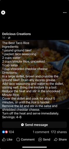 the recipe for delicious taco rice is displayed on an iphone screen, with text below it