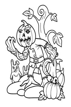 an image of a cartoon character with pumpkins and other things to color on the page